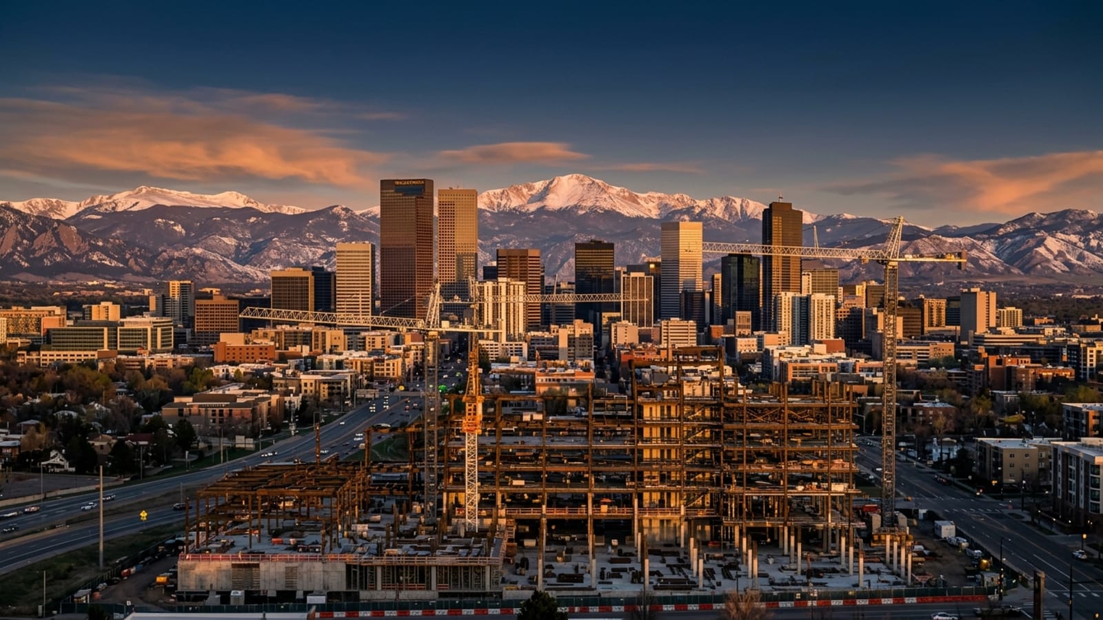 Denver skyline at golden hour with Rocky Mountain peaks and a construction site with tower cranes in the foreground